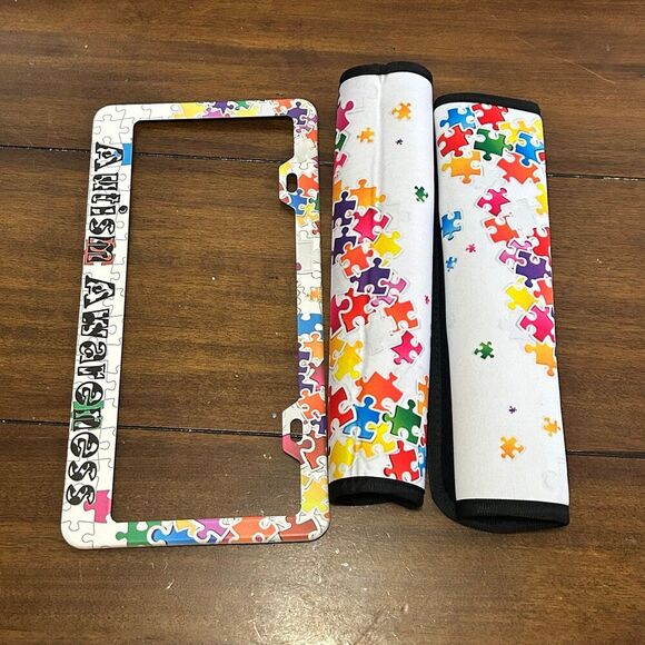 Autism Awareness License Plate Frame and Seatbelt Cushions Set - Picture 1 of 5